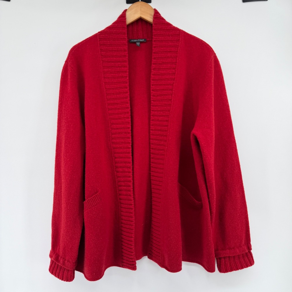 Eileen Fisher Red Lambswool Cashmere Open Front Shawl Collar Cardigan XL